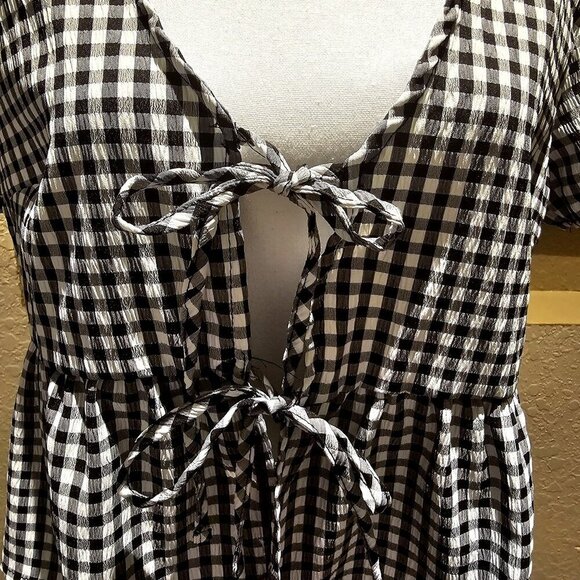 Discreet XL Gingham Tie-Front Peplum Top Puff Sleeves  Boho Y2K Baby Doll Flowy - Picture 4 of 5